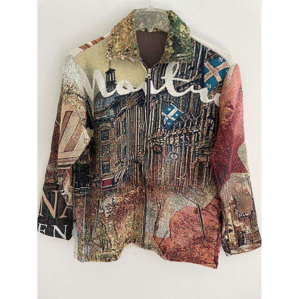Upcycled Woven Tapestry Scenic Graphic Zip Up Jacket Rabbit Back Print